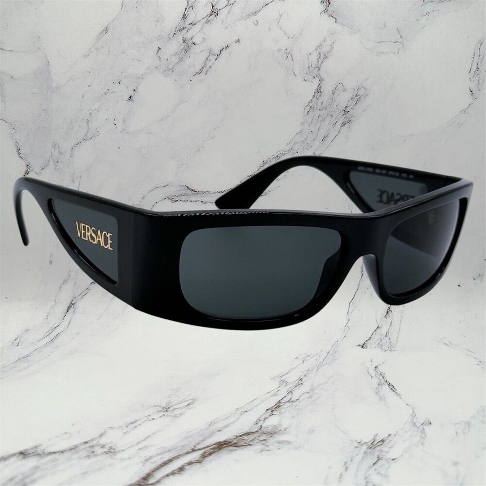 VERSACE Sunglasses New Black Square Wrap Shield Mask Acetate Gold Letter Logo